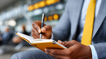 Businessman Writing Notes in Airport Lounge While Waiting for Flight During Busy Travel Season