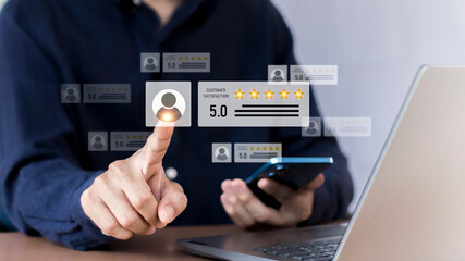 Customer Reviews Good Ratings Users press the five-star icon on the screen to show positive customer feedback, testimonials and confirmations. User comments and suggestions for reviews.
