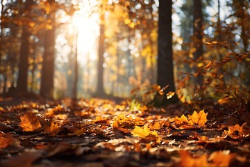 Golden autumn forest with sun rays shining through trees, creating a warm and inviting atmosphere.