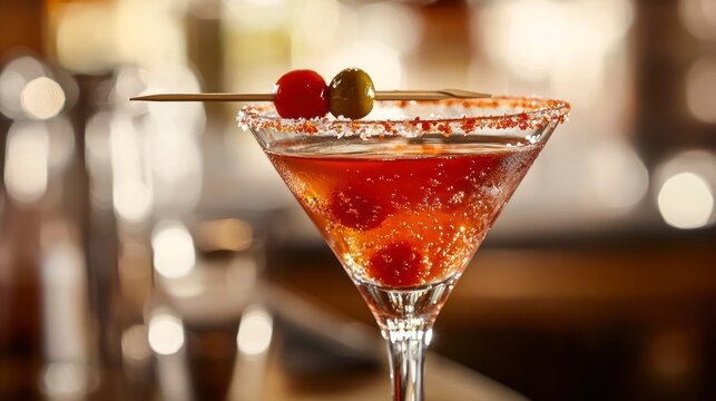 Savory cocktails in a glass with cherry and olive on a bar counter  
