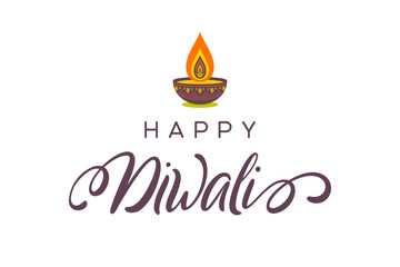 Happy Diwali greeting with decorative diya lamp, flame and festive calligraphy text for Indian festival of lights celebration. Vector.