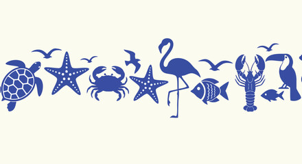 Vibrant blue marine life and tropical birds border design for summer beach vacation themes © Elsa