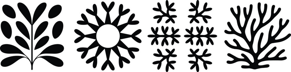 Abstract nature elements vector, leaf shapes and patterns, creative botanical design, floral motifs collection, organic art symbols, natural decoration icons set, black silhouette illustrations