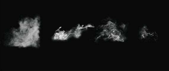 Light flowing smoke isolated on black background. Clouds on dark backdrop. Exploding white powder. Wide realistic illustration	