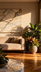 Modern living room interior with marble wall and indoor plants.