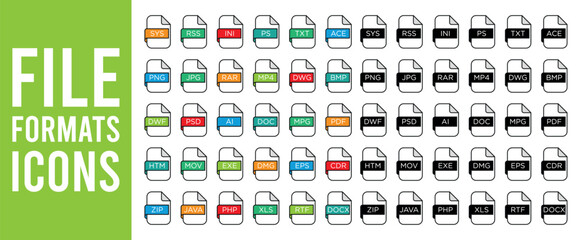 Illustration showing a variety of file format icons with different extensions and color coded labels
