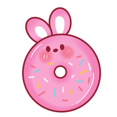 Kawaii pink donut bunny cartoon mascot with sprinkles — cute chibi dessert PNG illustration
