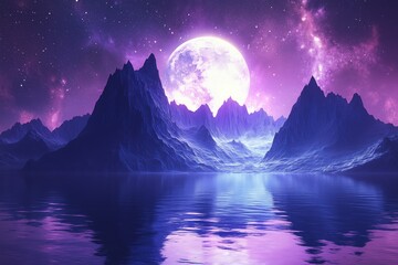 Surreal fantasy landscape with glowing purple moon mountains and starry sky