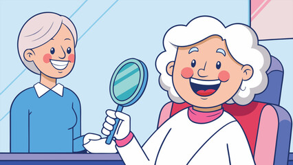 Happy senior woman admiring her smile after dental checkup with friendly dentist in bright office, promoting elder care and preventative healthcare