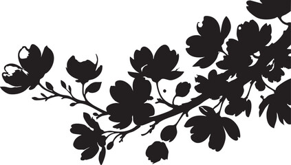 Black and white cherry blossom vector illustration: floral branch silhouette eps