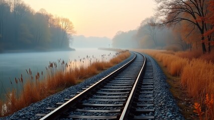 Fototapeta premium Curved Railway by River at Autumn Dawn