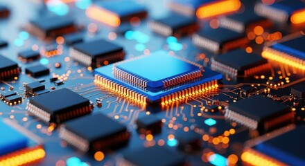 Futuristic Microchip Processor with Glowing Orange Blue Circuit Technology Board