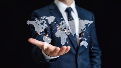Confident businessman holding digital world map with global connections, symbolizing international business success