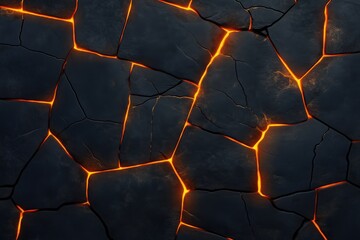 Cracked volcanic lava texture with glowing fiery orange molten lines abstract