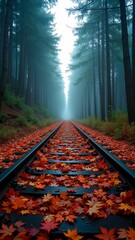 Autumn Railway Through Misty Forest