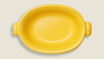 An overhead view of a bright yellow oval baking dish with rounded handles.