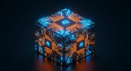 Obraz premium Futuristic glowing cube with digital lines representing AI data processing
