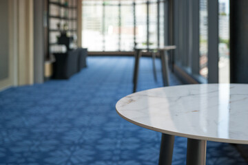 Marble round table at a hotel convention center hallway