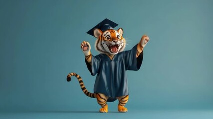 Graduation celebration: cartoon tiger cub in cap and gown against blue background. Back to School, School Season, First Day of School - Education Supplies, Academic Year Beginning - Powered by Adobe