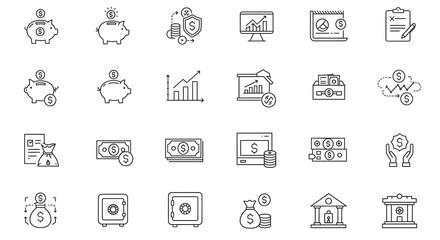 Finance Icons Investment, Banking, and Financial Growth Line Art Illustrations