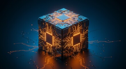 Abstract digital cube with glowing circuits representing advanced technology