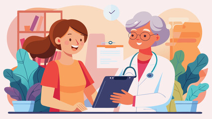 Caring doctor consulting with happy patient in modern office, building trust during medical examination and offering professional healthcare advice
