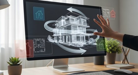 Interactive digital blueprint of a modern house displayed on a computer monitor, showcasing architectural design and planning