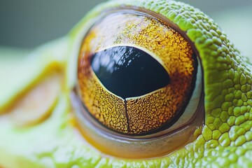 Close up macro of frog eye with green skin and golden iris