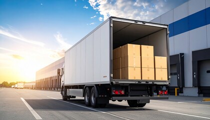 Multiple cardboard boxes neatly packed and loaded onto a large white truck parked outside a modern warehouse under bright daylight sky