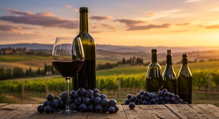 Sunset Tuscany winery landscape with red wine glass grapes and bottles