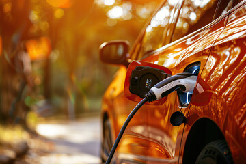 Naklejka premium Power source for charging battery of beautiful hybrid electric car on road, abstract vivid composition consists of fictional unreal fantastic vision on background