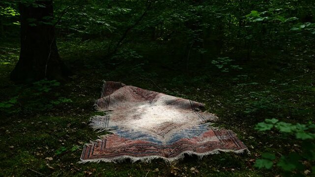 Old Patterned Rug Abandoned on a Mossy Forest Floor Illuminated by Dappled Sunlight Creating a Mysterious and Rustic Scene of Nature Reclaiming Forgotten Textil