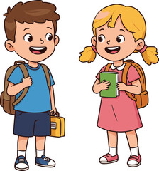 Happy school children carrying backpacks, boy with lunchbox and girl with book, smiling kids ready for learning and education