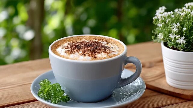 Coffee Delight: A beautifully crafted cappuccino, adorned with a sprinkle of cocoa, sits on a wooden surface, accompanied by a small, decorative potted plant, exuding a sense of serene enjoyment.