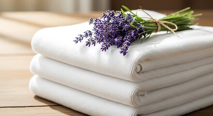 White Towels Stacked with Lavender Flowers.