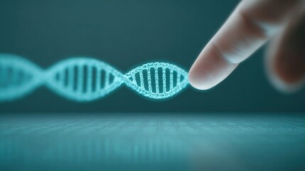Intricate detail of human touch interaction with the DNA strand, in the cutting-edge technology environment. Capturing the essence of innovation.