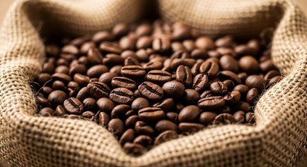 Roasted Coffee Beans in Burlap Sack.