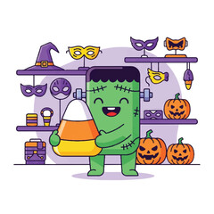 Cartoon Frankenstein's monster holding a large candy corn in a Halloween-themed room with costumes and decorations on shelves.