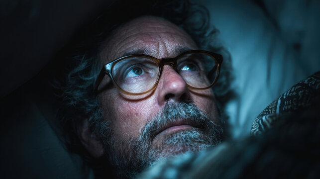 Thoughtful man lying in bed, gazing upwards with contemplative expression, dim lighting creating an intimate atmosphere, surrounded by soft fabrics and textures.