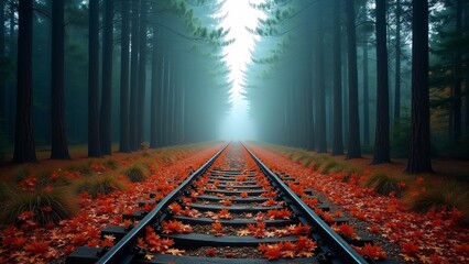 Autumn Railway Through Misty Forest
