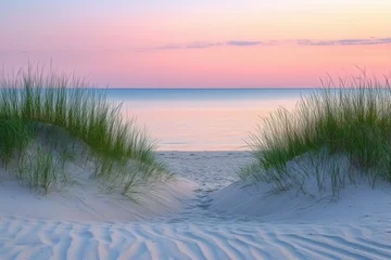 Papier peint photo Le salon Scenic beach dunes with grass and calm sea at colorful sunset sky  © Thomas