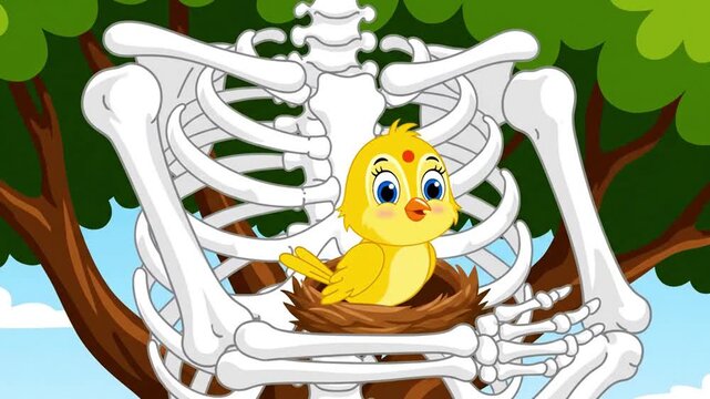 Cute Yellow Cartoon Chick in a Bird Nest Inside a Human Skeleton Rib Cage Animation for Educational Content Illustrating Life and Anatomy Protection