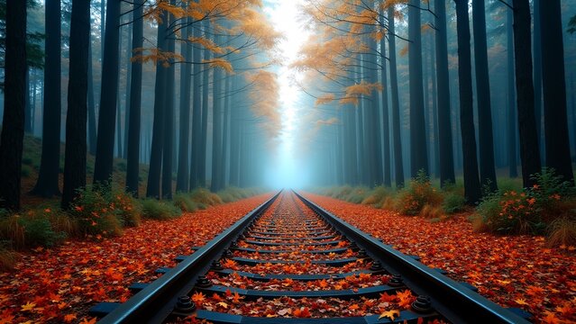 Autumn Railway Through Misty Forest