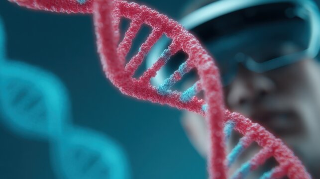 A scientist examines a vibrant DNA model. The image encapsulates the essence of scientific exploration, blending technology and biological study, illuminated by the holographic display.