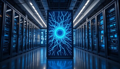 Futuristic data center hallway lined with server racks and electric blue energy patterns