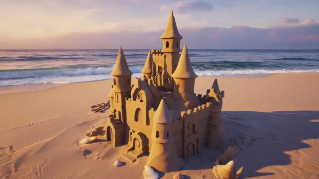 animated sandcastle on the beach at sunset