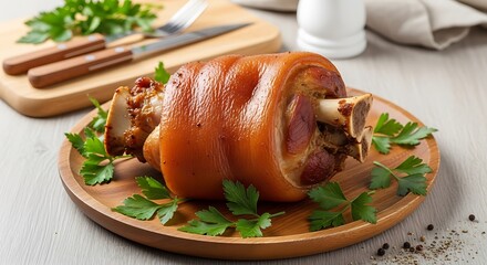 Roasted Pork Knuckle on Wooden Plate.