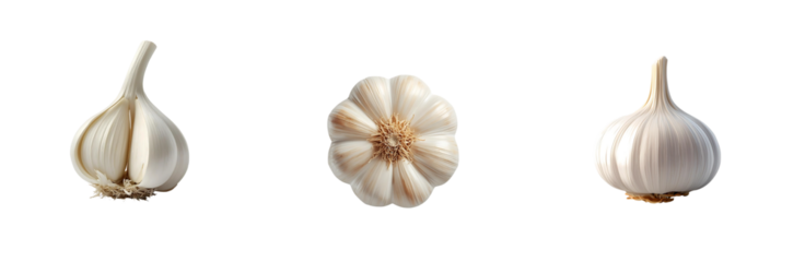 Three garlic bulbs are displayed against transparency background, showcasing their natural texture and color. central bulb is viewed from above, highlighting its cloves. image emphasizes organic