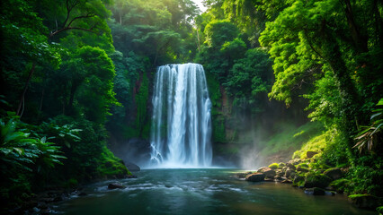 Majestic Tropical Waterfall in Lush Green Jungle