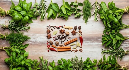 Assortment of Fresh Herbs and Spices.